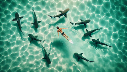 Person swimming with sharks in clear water - Powered by Adobe