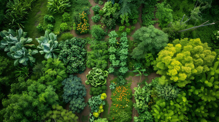 Aerial view of a thriving permaculture garden, diverse plant species intermingled, creating a self-sustaining ecosystem, green and lush - obrazy, fototapety, plakaty