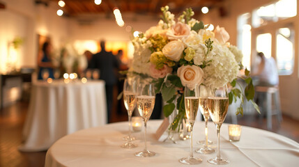 Elegant cocktail reception setup, tables with white linens and floral centerpieces, guests mingling with champagne glasses, warm ambient lighting