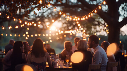 Outdoor cocktail reception at sunset, string lights and lanterns creating a magical atmosphere, guests enjoying conversation and drinks