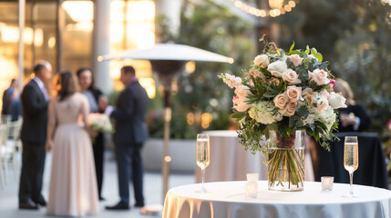 Elegant cocktail reception setup, tables with white linens and floral centerpieces, guests mingling with champagne glasses, warm ambient lighting - obrazy, fototapety, plakaty