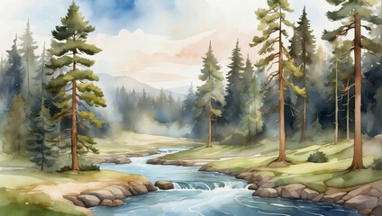 Digital watercolor painting of a tranquil forest with tall pine trees and a meandering stream. - obrazy, fototapety, plakaty