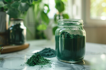 Nutrient-Rich Spirulina Powder in Glass Jar, Raw Spirulina Flakes Beside, Arranged on Kitchen Counter with Array of Healthy Ingredients, Promoting Lifestyle and Wellness
