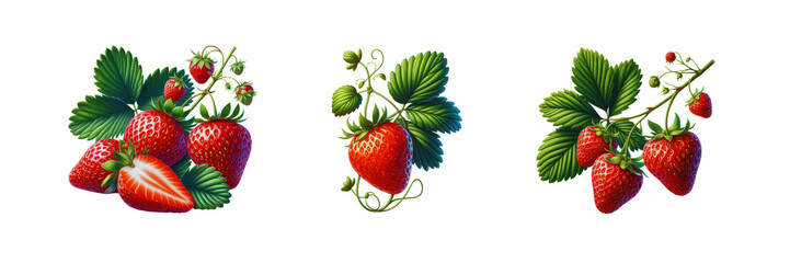 Set of strawberry fruit on a branch with leaves, illustration, isolated over on transparent white background