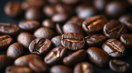 Foto op Plexiglas Freshly roasted coffee beans on white background. Close-up with shallow depth of field and dark background. Arranged in a rustic coffee shop. For coffee industry and equipment. © Helen-HD