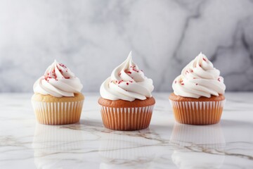 Exquisite cupcakes on a marble slab against a minimalist or empty room background