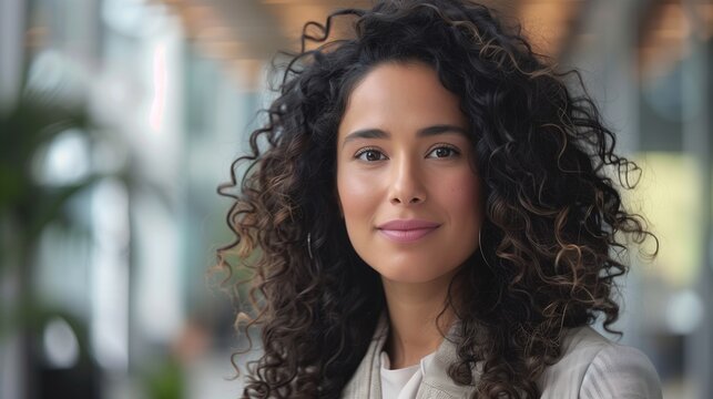 Capture the beauty and confidence of a close-up photo portrait featuring a Latin American businesswoman with curly hair.  