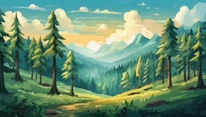 Zelfklevend Fotobehang Illustration of a Lush Vector Forest Scene with Diverse Trees, Perfect for Nature Lovers and Environmental Themes. Enhance Your Projects with This Vibrant and Detailed Image.  © Hogr