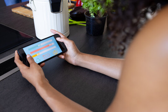 Young biracial woman uses a tablet showing a smart home app at a modern kitchen