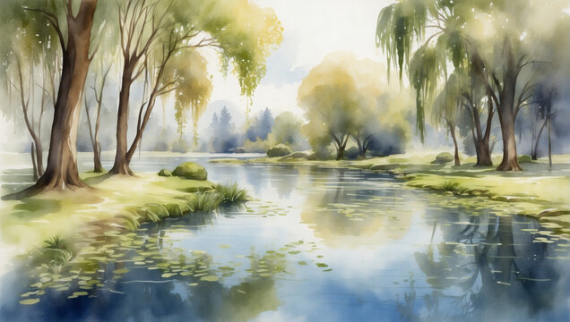 Digital watercolor painting of a serene pond surrounded by weeping willows