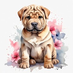 Watercolor Shar Pei Clipart, aquarela, colorfully. AI Generative