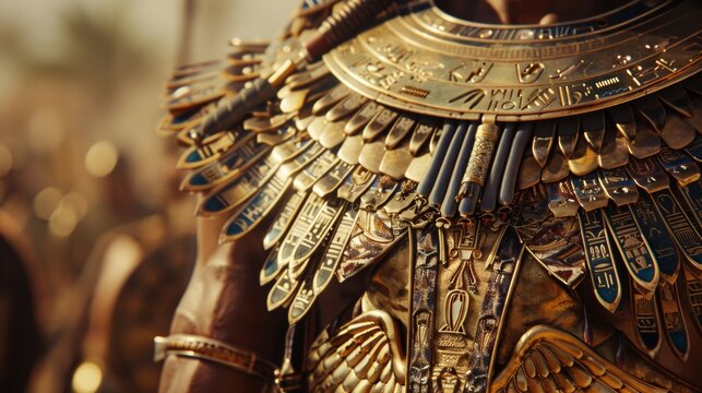 The charioteers intricate and ornate chest plate is a symbol of his rank and honor in the Egyptian army.