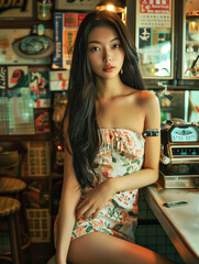 A beautiful Japanese woman poses in a vintage Tokyo café surrounded by retro decor. She wears a classic floral mini dress that echoes the nostalgic atmosphere of the cafe. - 747404155