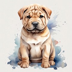 Watercolor Shar Pei Clipart, aquarela, colorfully. AI Generative