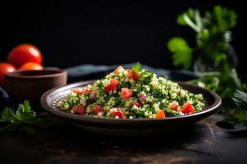 Tasty tabbouleh on a rustic plate against a minimalist or empty room background
