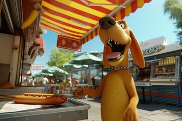 A dog in a kiosk with street food eats a hot dog. 3d illustration