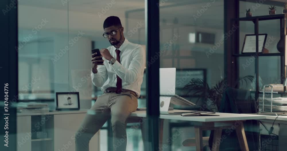 Sticker Businessman, phone and thinking at night by office for social media, communication or networking. Man or employee working late sitting on desk with mobile smartphone for online search at workplace