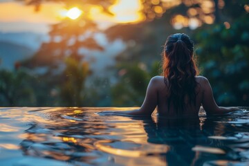 Woman Enjoying Serene Sunset View from Infinity Pool in Tropical Resort - obrazy, fototapety, plakaty