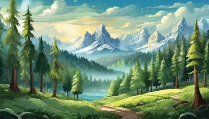 Foto op Plexiglas Illustration of a Lush Vector Forest Scene with Diverse Trees, Perfect for Nature Lovers and Environmental Themes. Enhance Your Projects with This Vibrant and Detailed Image.  © Hogr
