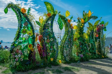 Colorful Flower and Leaf Sculptures in Outdoor Garden Against Blue Sky—Public Art Display