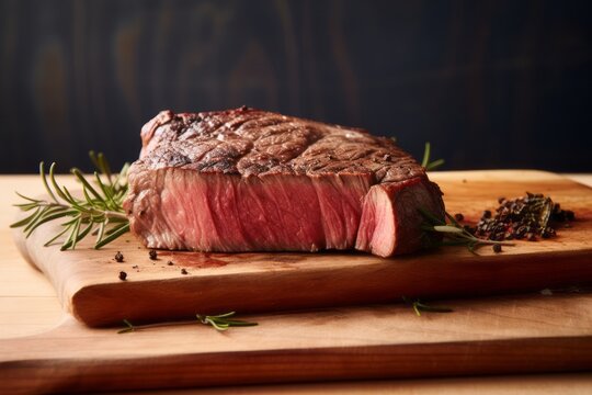 Exquisite medium rare ribeye steak on a wooden board against a pastel or soft colors background