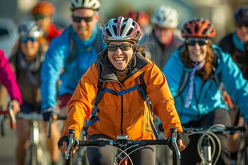 Naklejka premium Joyful Female Cyclist Leading Group of Bikers on Sunny Day, Active Lifestyle and Outdoor Sports Concept