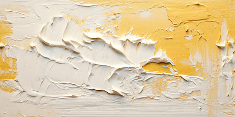 White volumetric strokes of oil paint on a yellow background close-up, macro, background