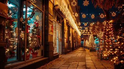 Rows of beautifully decorated shop windows showcasing the best deals and discounts of the year.