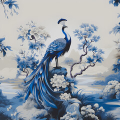Peacock in the Wild, Chinoiserie Art Style Digital Render