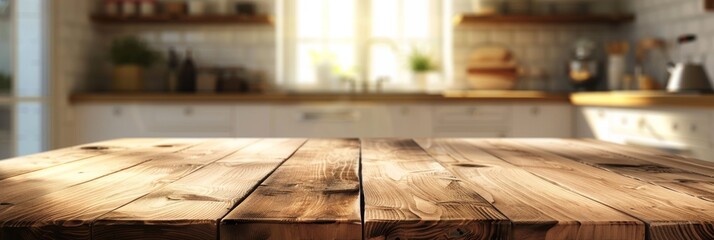 Light Wood Table on Blurred Kitchen Background, Modern Wooden Table Mockup for Montage Product