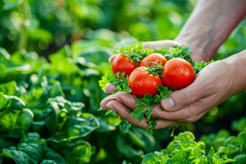 Fresh Organic Tomatoes Held in Hands Amongst Green Lush Garden Vegetation Under Sunlight