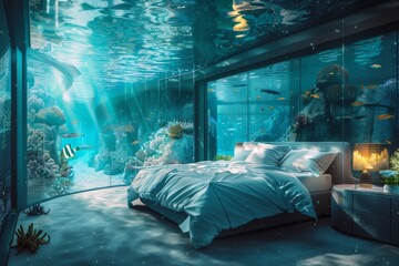 Underwater Hotel, Luxury Room Under Water, Aquatic Bedroom in Aquarium, Underwater Hotel