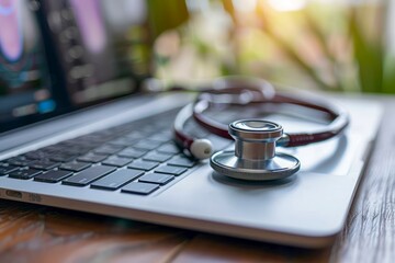 Close-up of Stethoscope on Laptop Keyboard, Concept Healthcare and Online Medical Consultation