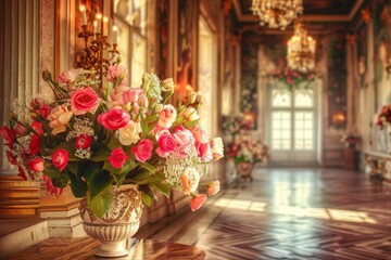 Fototapeta na wymiar Flowers in Old Castle Interior, Vintage Victorian Hall with Flower Vase, Luxury Hotel Lobby, Royal Villa