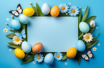 Spring Easter banner or greeting card. Frame of Easter eggs, camomile, butterflies, holiday atmosphete. Copy space, solid blue background