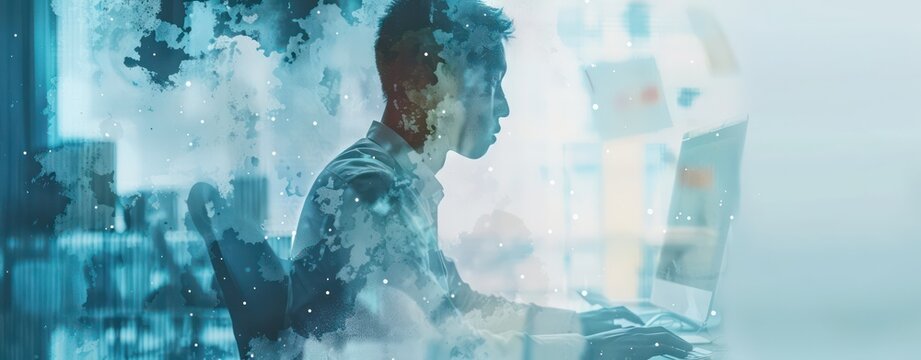 a business man is working on a computer with a light background, in the style of double exposure