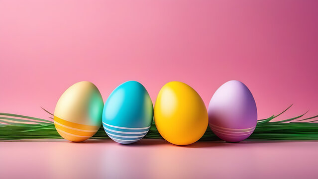Minimalist Easter banner with a pink background. 4 colored eggs, gold, blue, yellow, pink. Banner for business or cute greeting card. Copy space