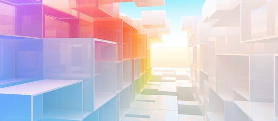 Fototapeta premium An abstract and vibrant multi-level building with a gradient of colors stands out against a clear sky in the background. The building features a unique design with windows and cubes.