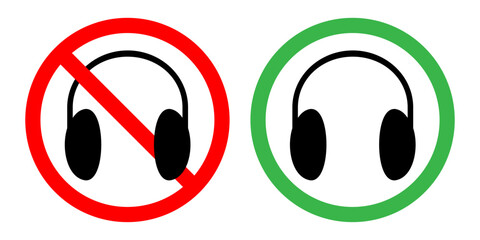 Set of icons indicating where headphone use is prohibited with a red no-entry sign and permitted with a green circle