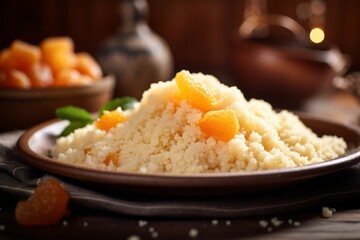 Tasty couscous on a rustic plate against a pastel or soft colors background