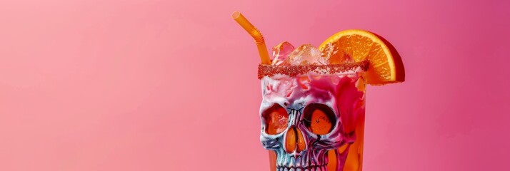 Zombie Tiki Cocktail on Pink Background, Tropical Mocktail with Skull, Halloween Party Coctail, Copy Space