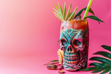 Zombie Tiki Cocktail on Pink Background, Tropical Mocktail with Skull, Halloween Party Coctail, Copy Space