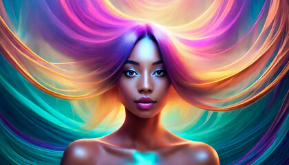 Magnifique portrait serré d'une femme noire aux cheveux longs et colorés,  les cheveux s'ouvrent en corole et se transforme en une sorte de voile aux  couleurs flashy occupant toute l'image
