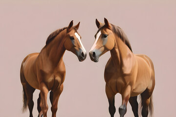 Two red horses with long manes in a portrait against a light background