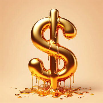 Melting Golden Dollar Symbol on Soft Peach Background - Finance Concept
