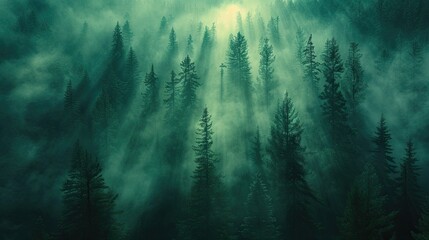 Fototapeta na wymiar landscape atmosphere of misty pine forest