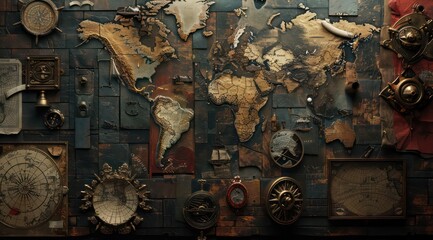 a map with various maps on it, in the style of enlightenment era, steampunk influences, anthropological, travel, light bronze and red - obrazy, fototapety, plakaty