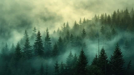 Keuken spatwand met foto landscape atmosphere of misty pine forest © wahyu