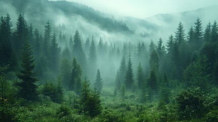 landscape atmosphere of misty pine forest - obrazy, fototapety, plakaty