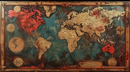 a map with various maps on it, in the style of enlightenment era, steampunk influences, anthropological, travel, light bronze and red